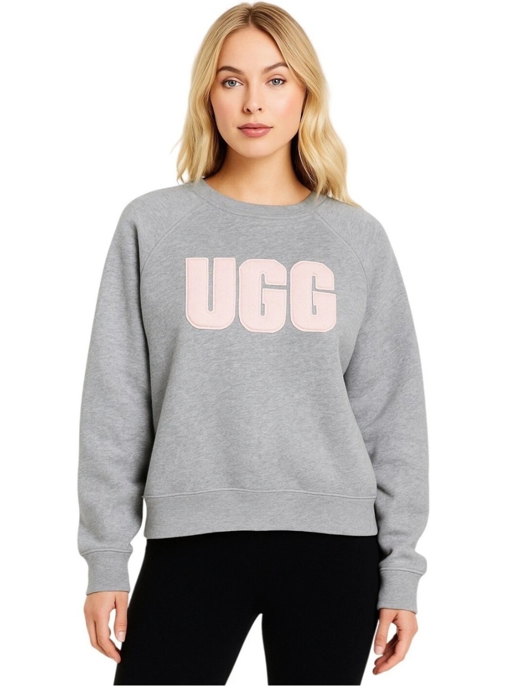 NWT UGG RTW Size S Madeline Fuzzy Letter Sweatshirt Gray Pink Logo Pullover